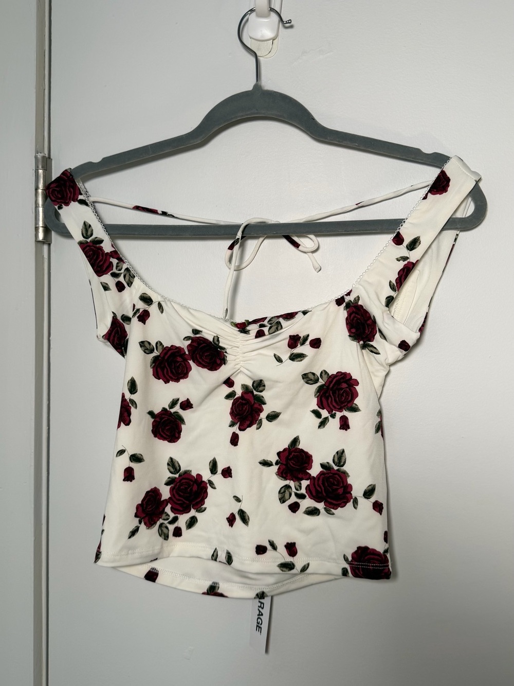 Garage White Off-Shoulder Crop Top with Burgundy Rose Print